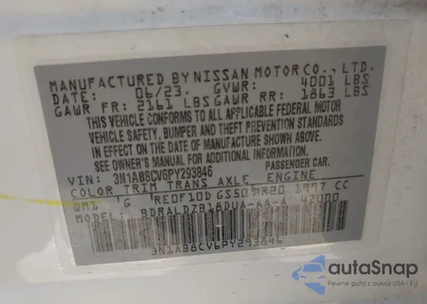 2023 Nissan Sentra Sv Xtronic Cvt z USA, uszkodzony, nr VIN 3N1AB8CV6PY293846